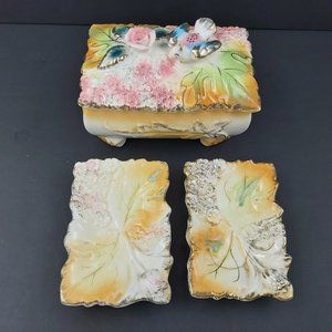 Porcelain Jewelry Trinket Box Gold Gilded with Matching Trays Bird Flower Leaves